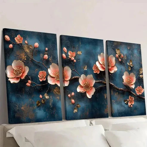 3pcs Elegant Blue And Jinse Huayuan Theme Wall Art Canvas Unframed - High Quality Print 100% Australian Made Wall Canvas