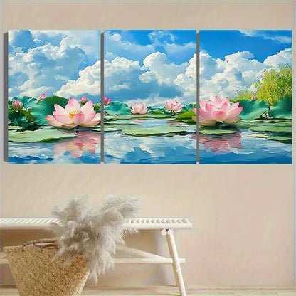 3pcs Lotus Pond Summer Scenery Wall Art Set Canvas Unframed - High Quality Print 100% Australian Made Wall Canvas - Bella Home Decor