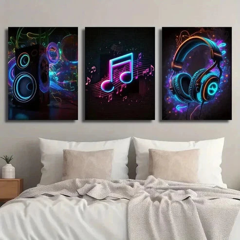 3pcs Neon Creative Audio Headphones Note Wall Art Set Canvas Unframed - High Quality Print 100% Australian Made Wall Canvas