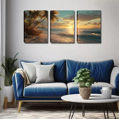 3pcs Coconut Trees & Ocean View Wall Art Set Canvas Unframed - High Quality Print 100% Australian Made Wall Canvas - Bella Home Decor