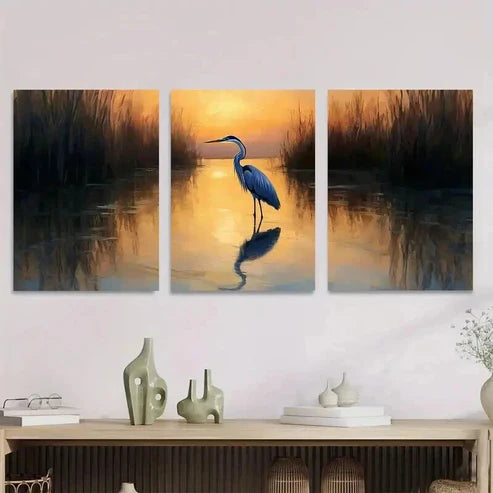 3pcs Blue Heron Sunset Paintings Wall Art Set Canvas Unframed - High Quality Print 100% Australian Made Wall Canvas - Bella Home Decor