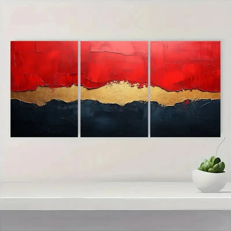 3pcs Abstract Red Beige & Black Textured Metal Print Ready to Hang Art - Bella Home Decor