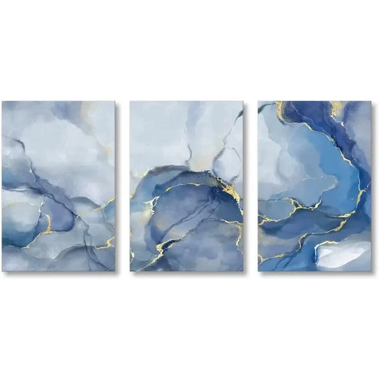 3pcs Blue and Golden Abstract Metal Print Ready to Hang Art