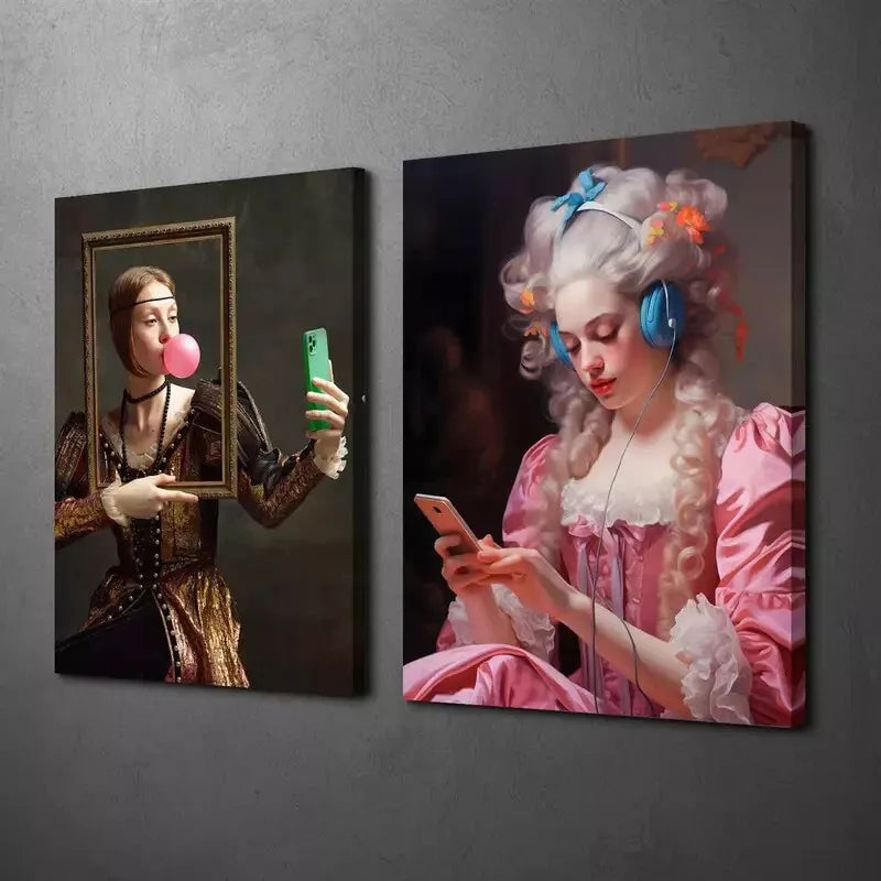 2pcs Painting, Funny Renaissance, Baroque Style, Vintage Female Canvas Framed 50x75cm - High Quality Print 100% Australian Made Wall Canvas Ready to Hang - Bella Home Decor