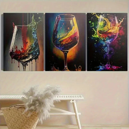 3pcs Colorful Wine Glass Prints, Abstrac  Wall Art Set Canvas Framed 60x90cm - High Quality Print 100% Australian Made Wall Canvas Ready to Hang - Bella Home Decor