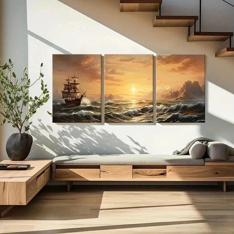 3pcs Nautical Art with Sailing and Pirate Ship Wall Art Set Canvas Framed 50x70cm - High Quality Print 100% Australian Made Wall Canvas Ready to Hang - Bella Home Decor