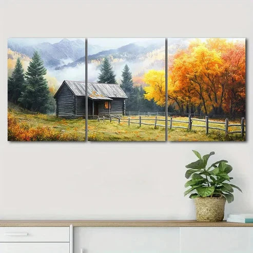 3pcs Beautiful Autumn Scenery Log Cabin Perfect Wall Art Set Canvas Unframed - High Quality Print 100% Australian Made Wall Canvas - Bella Home Decor