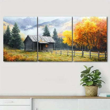 3pcs Beautiful Autumn Scenery Log Cabin Perfect Wall Art Set Canvas Unframed - High Quality Print 100% Australian Made Wall Canvas - Bella Home Decor
