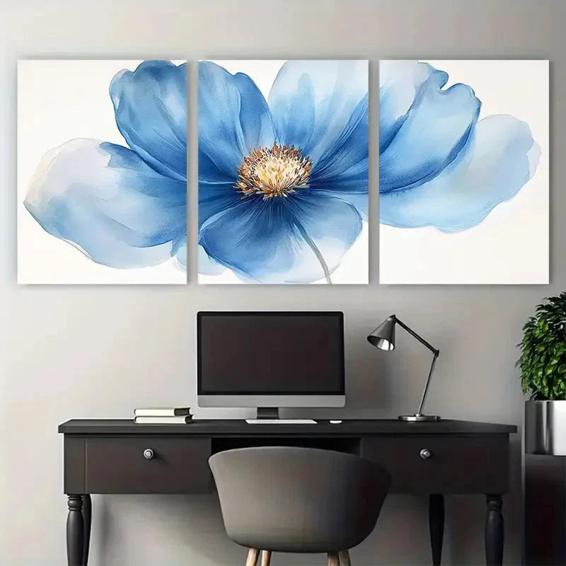 3pcs Blue Abstract Watercolor Flower Nature Metal Print Ready to Hang Art - Bella Home Decor