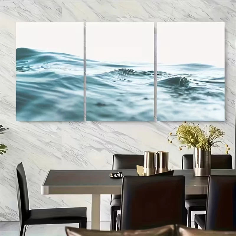 3pcs Serene Blue Sea Waves Metal Print Ready to Hang Art