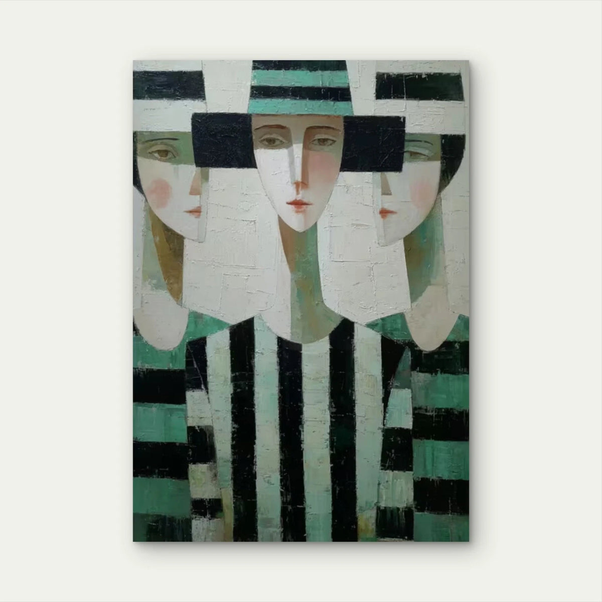 Abstract Green & Beige Geometric Woman Metal Print Ready to Hang