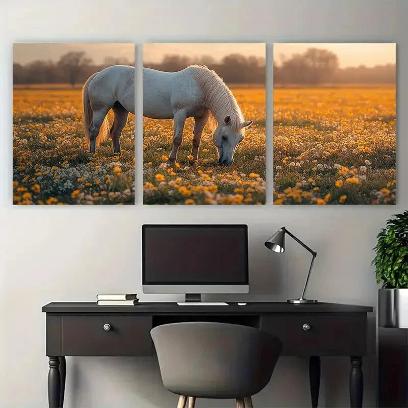 3pcs White Brown Horses Grazing in Spring Meadow Metal Print Ready to Hang Art - Bella Home Decor