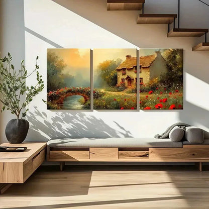 3pcs Rustic Cottage Bridge River Flowers Metal Print Ready to Hang Art - Bella Home Decor