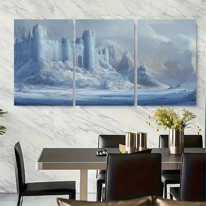 3pcs Snowy Castle Scene with Intricate Frosted Metal Print Ready to Hang Art