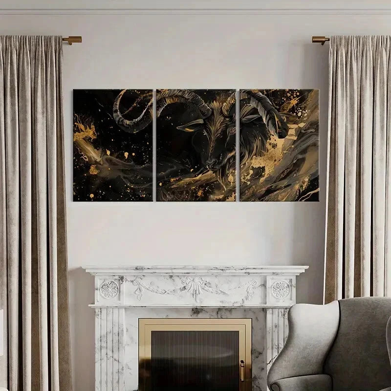 3pcs Capricorn Golden Splatter Abstract Art Metal Print Ready to Hang Art - Bella Home Decor