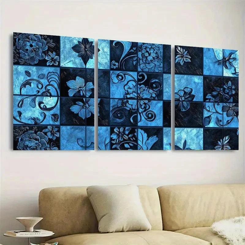 3pcs Blue and black floral squares Wall Art Set Canvas Framed 50x70cm - High Quality Print 100% Australian Made Wall Canvas Ready to Hang - Bella Home Decor