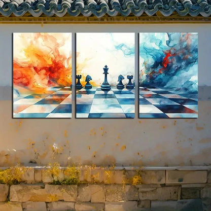 3pcs Chess Pieces and Colorful Smoke Design Metal Print Ready to Hang Art