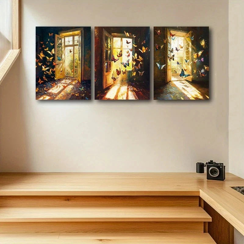 3pcs Vibrant Sunlit Windows Colorful Butterflies Metal Print Ready to Hang Art