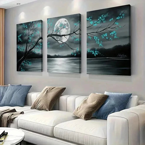 3pcs Gray and Teal Floral Landscape & Full Moon Perfect Wall Art Canvas Unframed – High Quality Print 100% Australian Made Wall Canvas