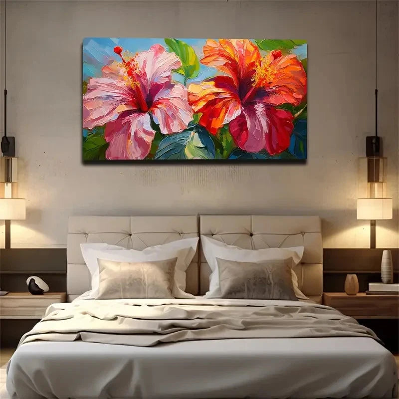 Vibrant Red & Orange Hibiscus Wall Art Canvas Office Home Room Framed 120x60cm