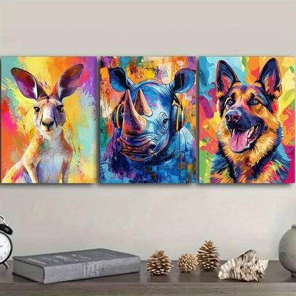 3pcs Featuring Animals In Colorful Background Wall Art Set Canvas Unframed - High Quality Print 100% Australian Made Wall Canvas