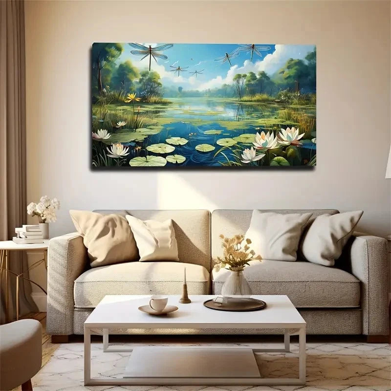 Dragonfly Above For Lotus Wall Art Canvas Office Home Room Framed 120x60cm