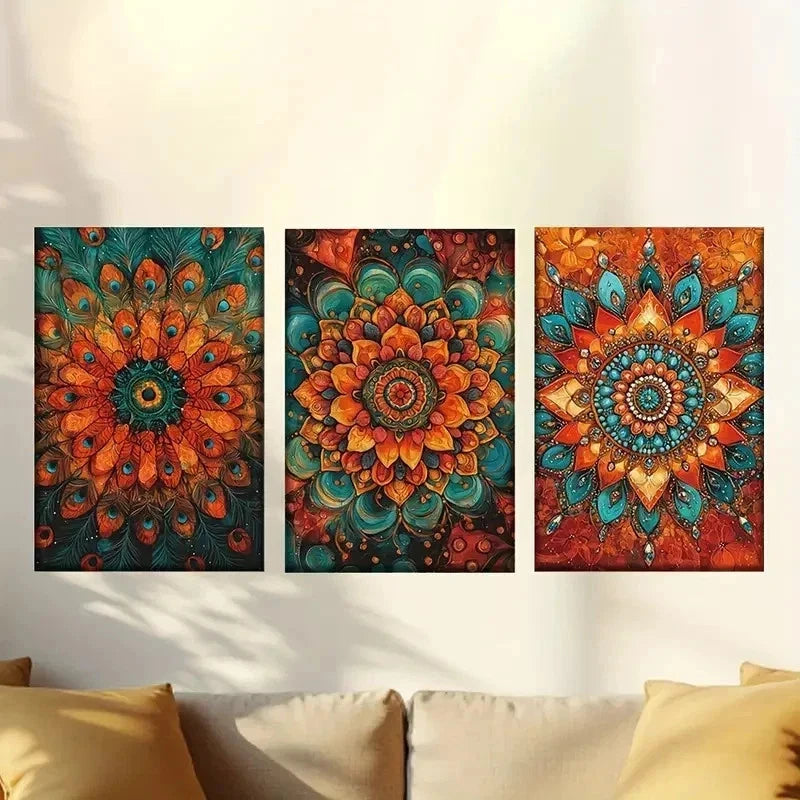 3pcs Boho Style Flower Vibrant Abstract Peacock Wall Art Set Canvas Framed 60x90cm - High Quality Print 100% Australian Made Wall Canvas Ready to Hang - Bella Home Decor