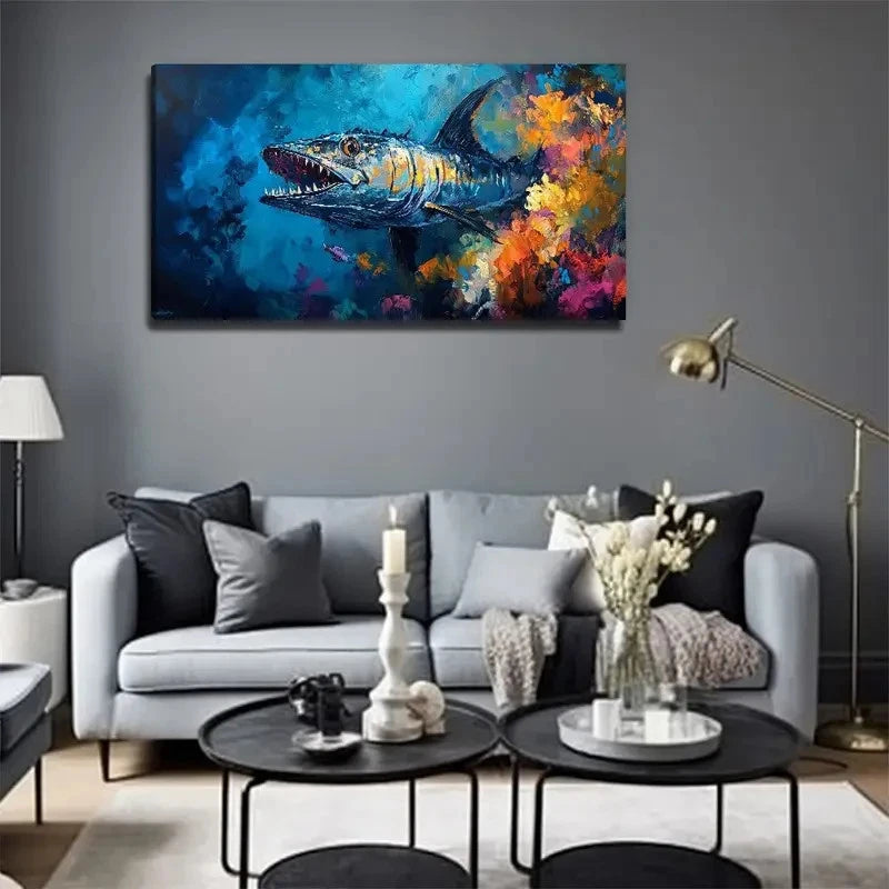 Ferocious Fish In The Sea Wall Art Canvas Office Home Room Framed 120x60cm