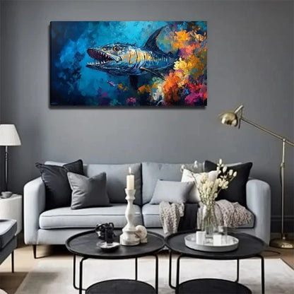 Ferocious Fish In The Sea Wall Art Canvas Office Home Room Framed 120x60cm