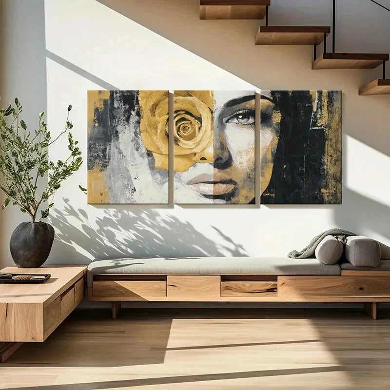 3pcs Abstract Art Golden Rose Woman Face Metal Print Ready to Hang Art - Bella Home Decor