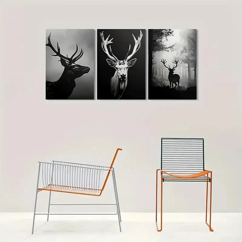 3pcs Black and White Deer Forest Animal Metal Print Ready to Hang Art - Bella Home Decor