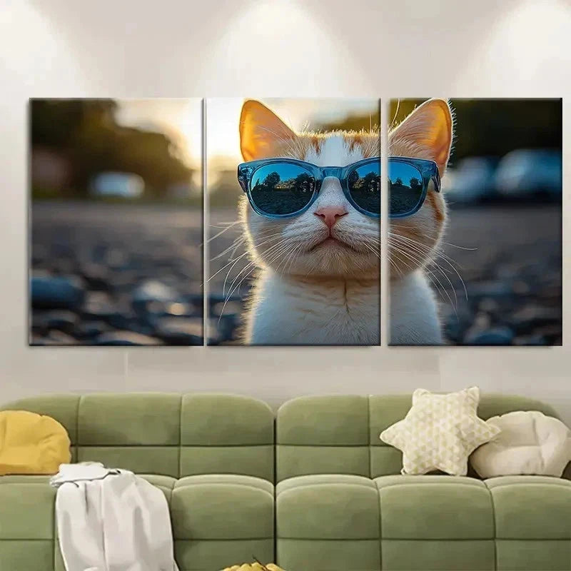 3pcs White Cat in Blue Glasses EU  Wall Art Set Canvas Framed 60x90cm - High Quality Print 100% Australian Made Wall Canvas Ready to Hang