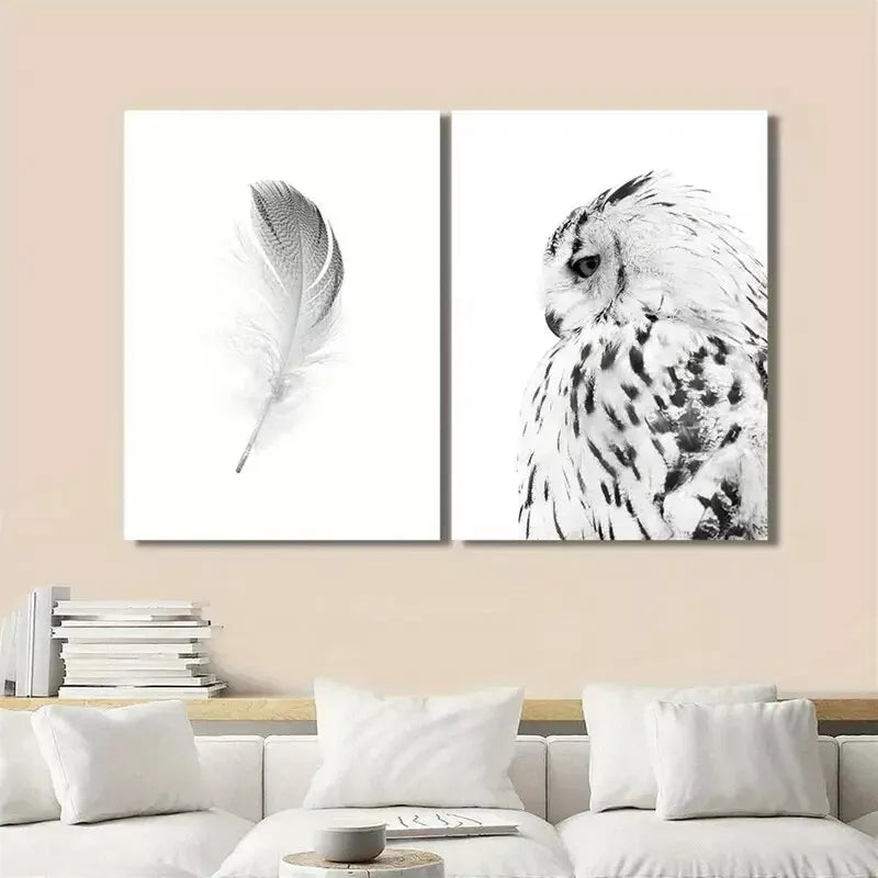 2pcs Owl Black and White Animal Feather Painting Canvas Framed 50x75cm - High Quality Print 100% Australian Made Wall Canvas Ready to Hang - Bella Home Decor