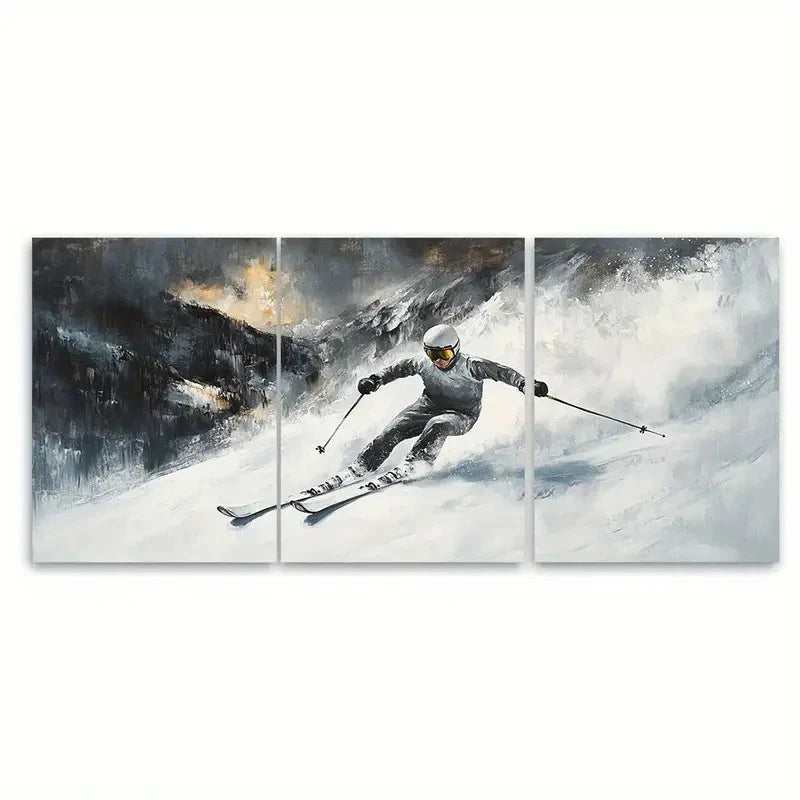 3pcs Skiing Sport Gift Skier on Snowy Mountain Wall Art Set Canvas Framed 60x90cm - High Quality Print 100% Australian Made Wall Canvas Ready to Hang