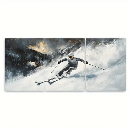 3pcs Skiing Sport Gift Skier on Snowy Mountain Wall Art Set Canvas Framed 60x90cm - High Quality Print 100% Australian Made Wall Canvas Ready to Hang