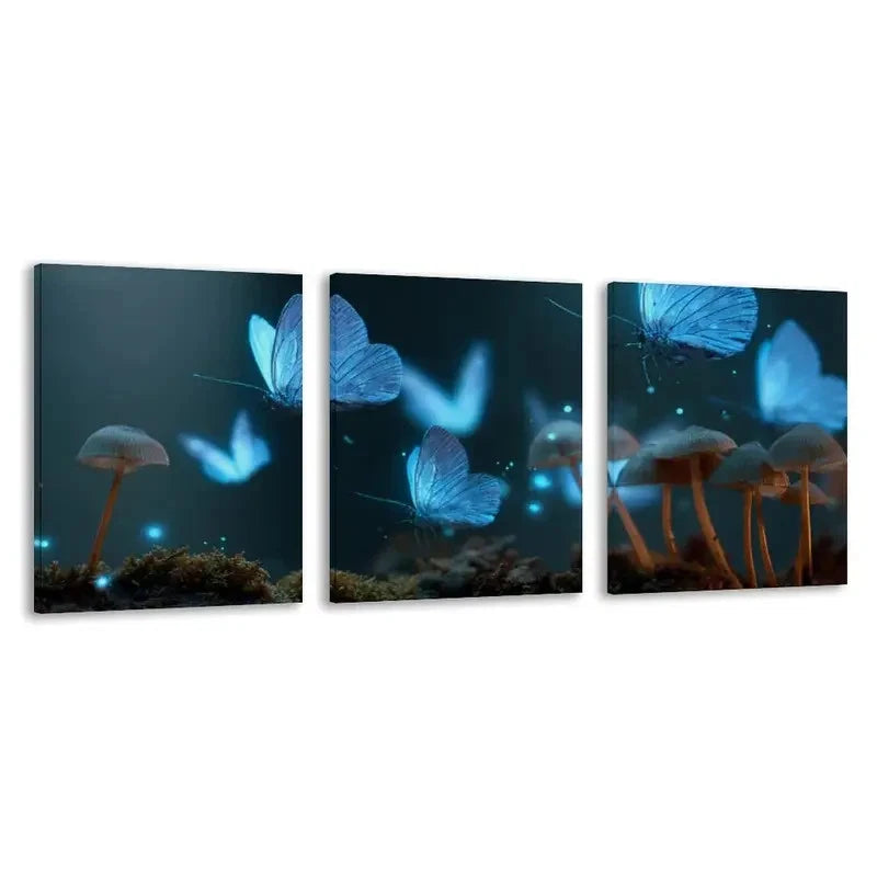 3pcs Blue Glowing Butterflies And Mushrooms   Wall Art Set Canvas Framed 60x90cm - High Quality Print 100% Australian Made Wall Canvas Ready to Hang - Bella Home Decor