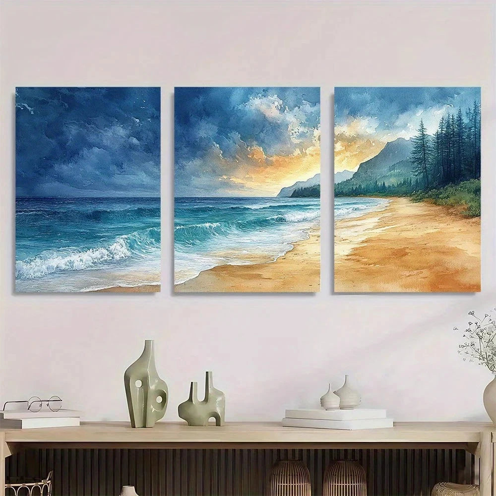 3pcs Vancouver Island Beach Painting Metal Print Ready to Hang Art - Bella Home Decor