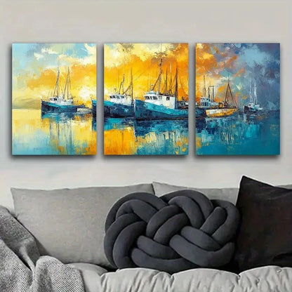 3pcs Boats on the Pier Suitable BPS   Wall Art Set Canvas Framed 50x70cm - High Quality Print 100% Australian Made Wall Canvas Ready to Hang - Bella Home Decor