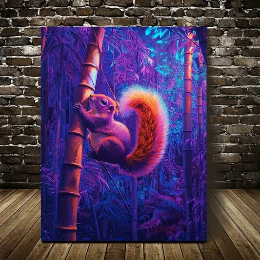 Surreal Squirrel Scene In Bamboo Grove Painting 40x60cm Metal Print Ready to Hang - Bella Home Decor