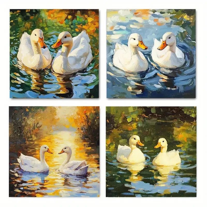 4pcs Charming White Ducks Reflection Wall Art Canvas Framed