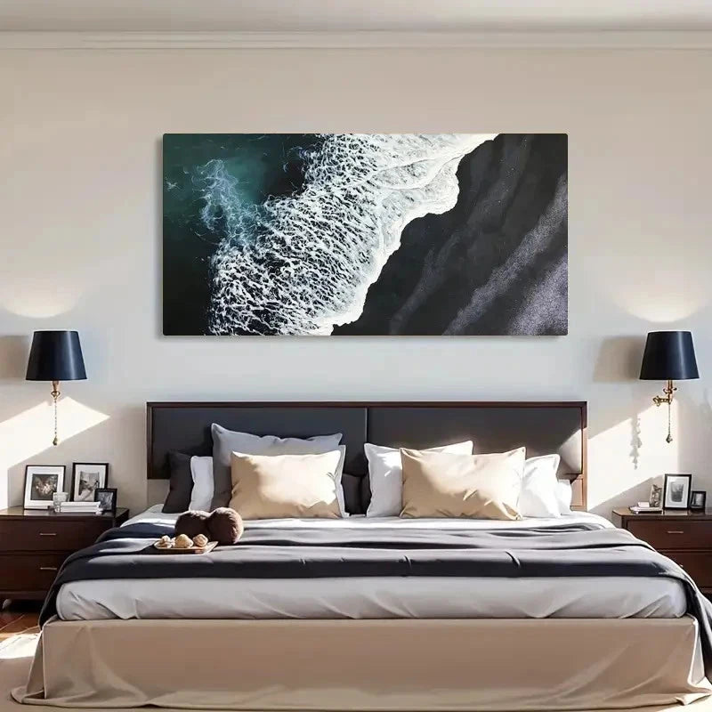 Black Sand Beach Sea Wave Wall Art Canvas Office Home Room Framed 120x60cm - Bella Home Decor