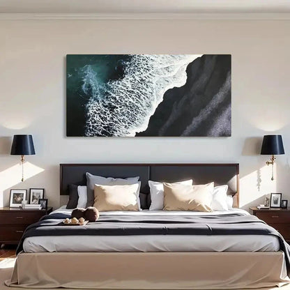 Black Sand Beach Sea Wave Wall Art Canvas Office Home Room Framed 120x60cm - Bella Home Decor