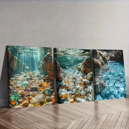 3 PCS Art Deco Modern Water Gem Theme Wall Art Set Canvas Unframed - High Quality Print 100% Australian Made Wall Canvas