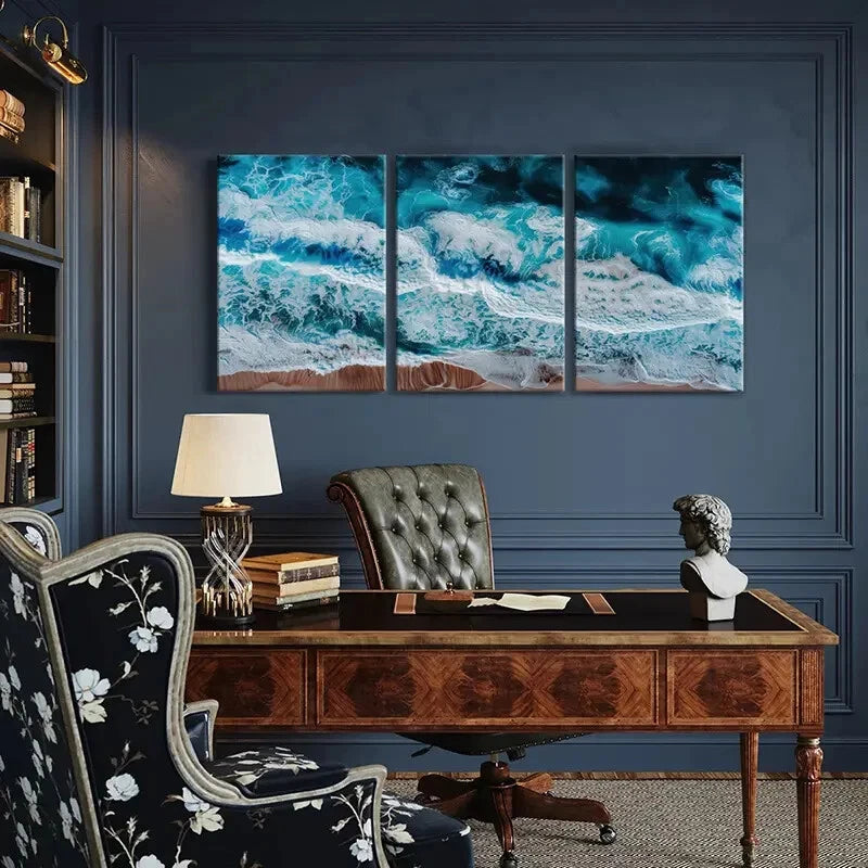 3pcs Turquoise Blue White Foam Abstract DesignMetal Print Ready to Hang Art - Bella Home Decor