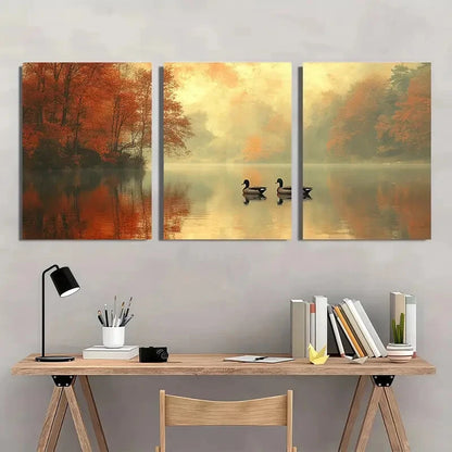 3pcs Abstract Lakeside Landscape with Ducks Metal Print Ready to Hang Art - Bella Home Decor