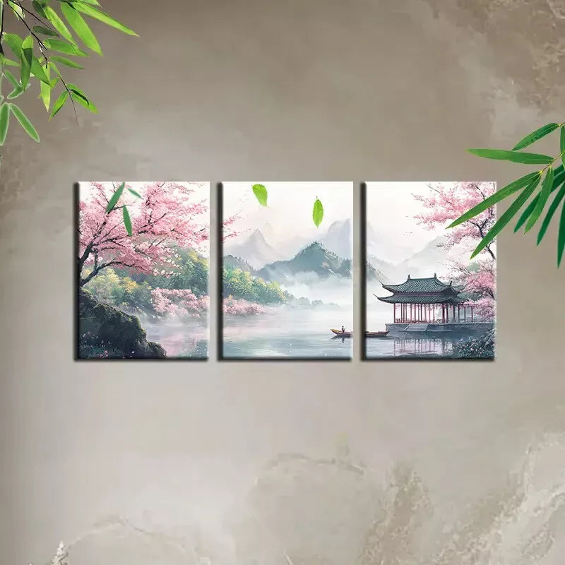 3pcTraditional Chinese Nature Landscape Style Art Set Canvas Framed 50x70cm - High Quality Print 100% Australian Made Wall Canvas Ready to Hang