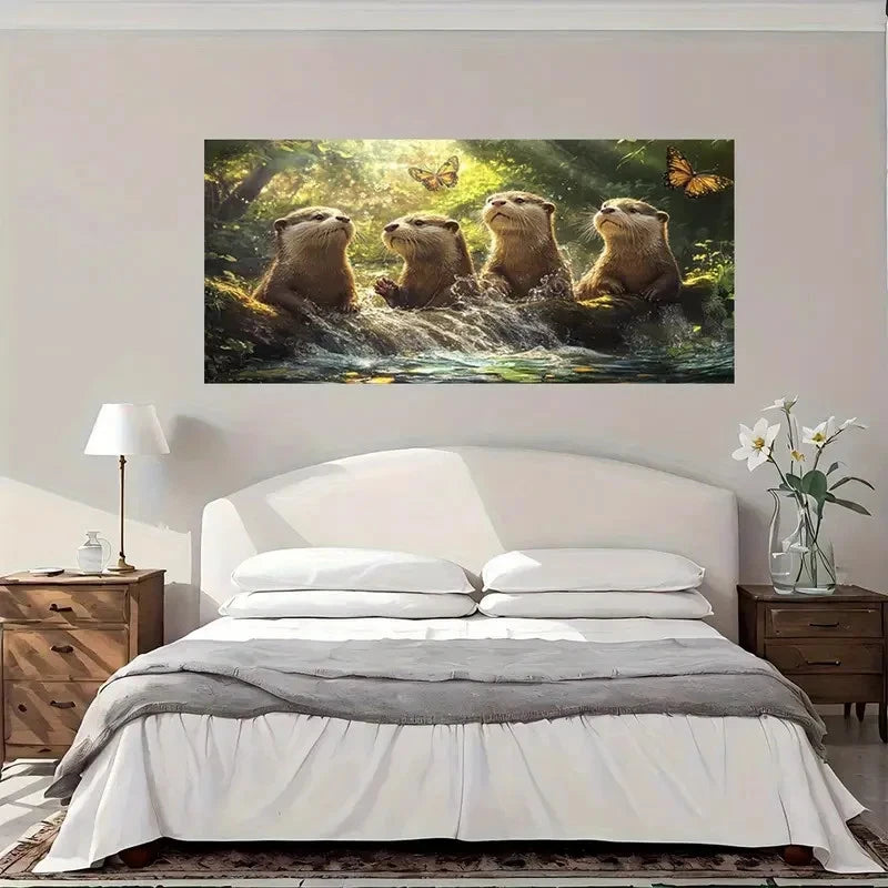 Otters With Butterflies Wall Art Canvas Office Home Room Framed 120x60cm