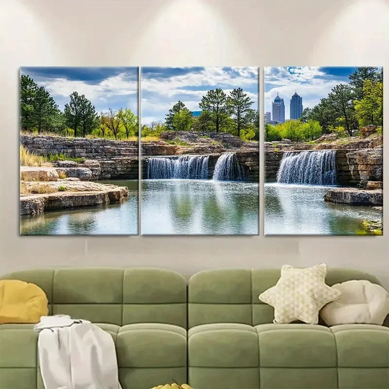 3pcs Nature Scenery with Waterfall & Pine Trees Metal Print Ready to Hang Art - Bella Home Decor