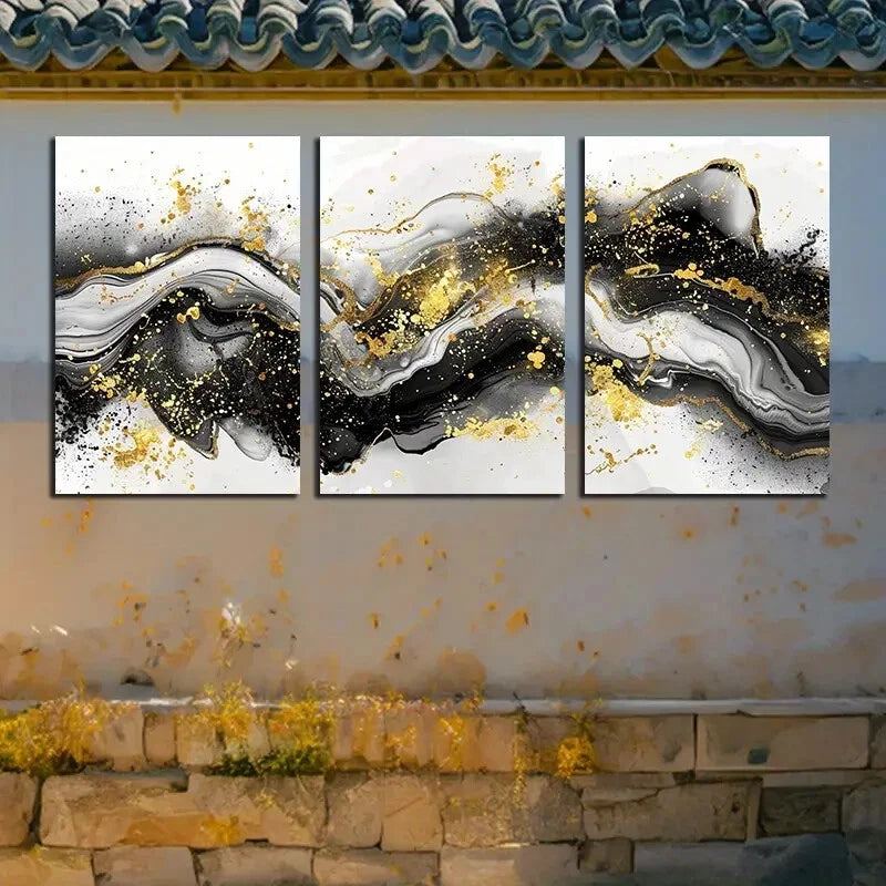 3pcs Vibrant Wave Abstract with Gold Accent Design Metal Print Ready to Hang Art - Bella Home Decor