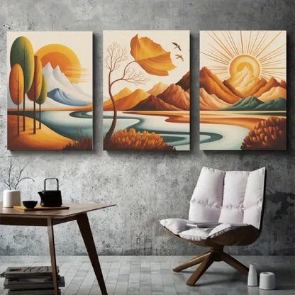 3pcs Abstract Trees Mountains Sun Metal Print Ready to Hang Art - Bella Home Decor